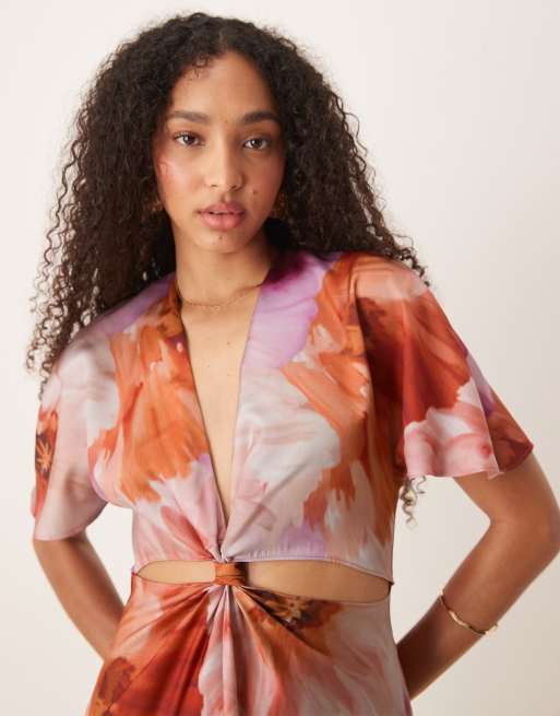 ASOS DESIGN – Rosa och orange, blommig midiklänning i satin med utskurna detaljer och knut, 4 av 4