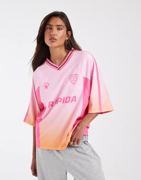 ASOS DESIGN – Rosa och orange, ombréfärgad fotbollströja i oversize med v-ringning - view 1