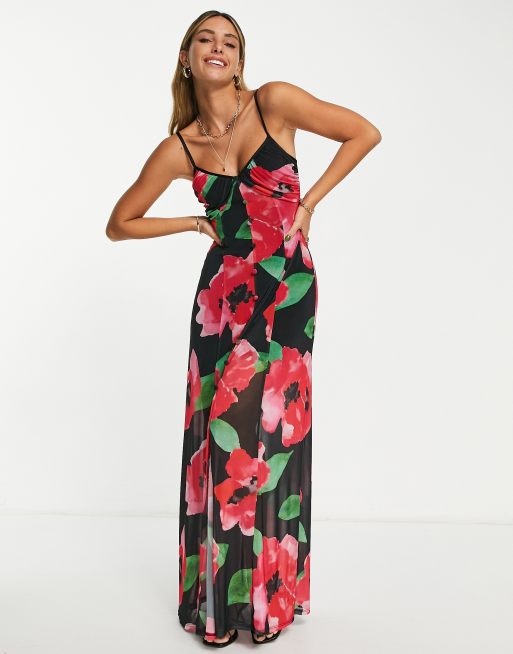 ASOS DESIGN – Rosa och svart, blurrigt blommig maxiklänning med remmar och knappar av mesh
