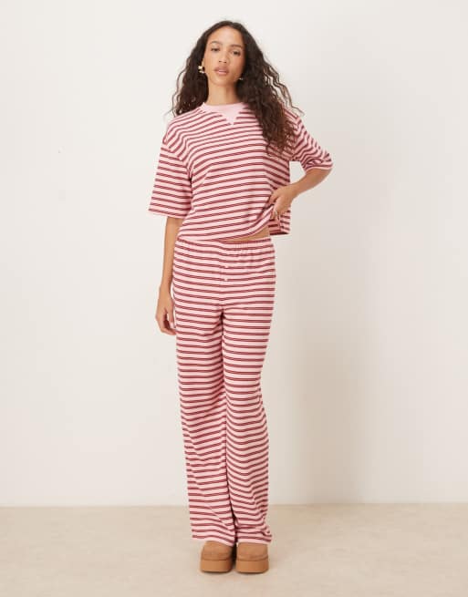 ASOS DESIGN – Rosa och vinröd, randig t-shirt med boxig passform, del av set, 2 av 4
