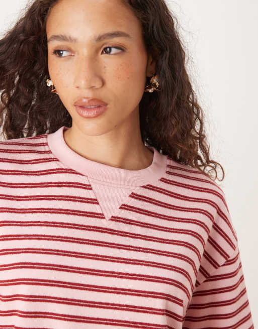 ASOS DESIGN – Rosa och vinröd, randig t-shirt med boxig passform, del av set, 4 av 4