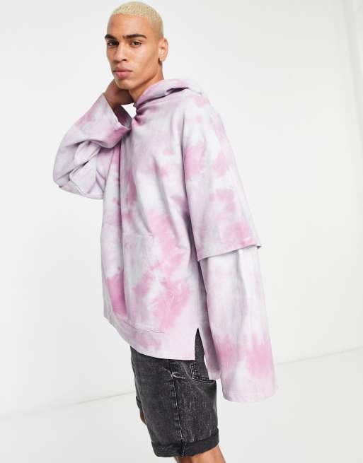 ASOS DESIGN – Rosa och vit batikfärgad huvtröja i oversize med ärmar i två lager, 4 av 4
