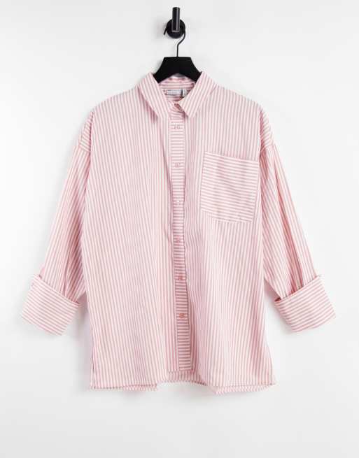ASOS DESIGN – Rosa- och vitrandig bomullsskjorta i oversize och dad-modell med långa ärmar