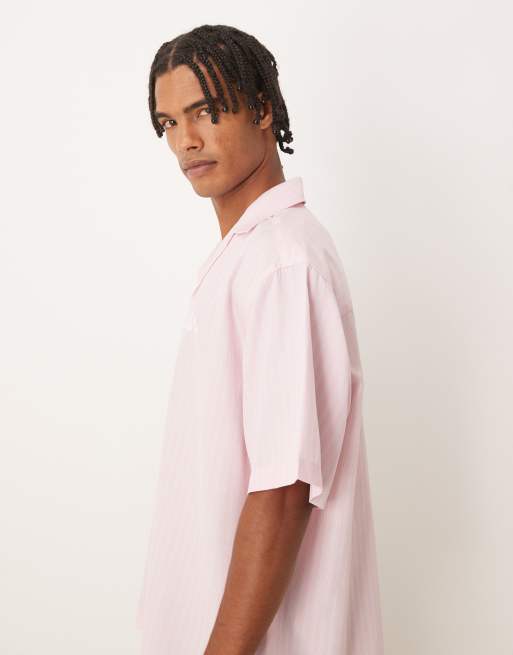 ASOS DESIGN – Rosa och vitrandig skjorta i oversize med broderi och platt krage, 4 av 5