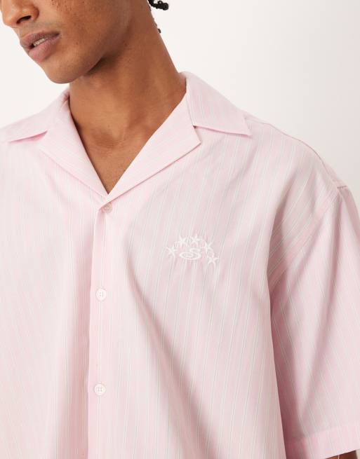 ASOS DESIGN – Rosa och vitrandig skjorta i oversize med broderi och platt krage, 5 av 5