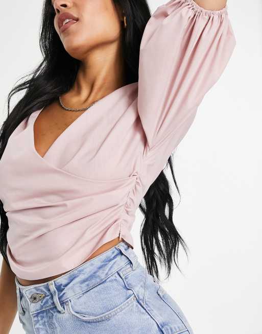 ASOS DESIGN – Rosa omlottopp i bomull med sänkta axlar och volymärmar, 3 av 4
