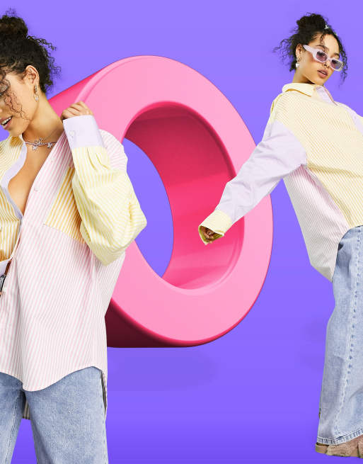ASOS DESIGN – Rosa/orange/lila, randig, blockfärgad skjorta i oversize och dad-modell, 3 av 4