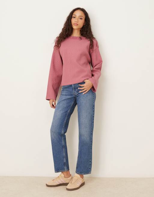 ASOS DESIGN - Rosa oversized T-shirt med lange ærmer og knapdetaljer, 2 af 4