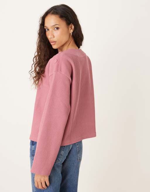 ASOS DESIGN - Rosa oversized T-shirt med lange ærmer og knapdetaljer, 4 af 4