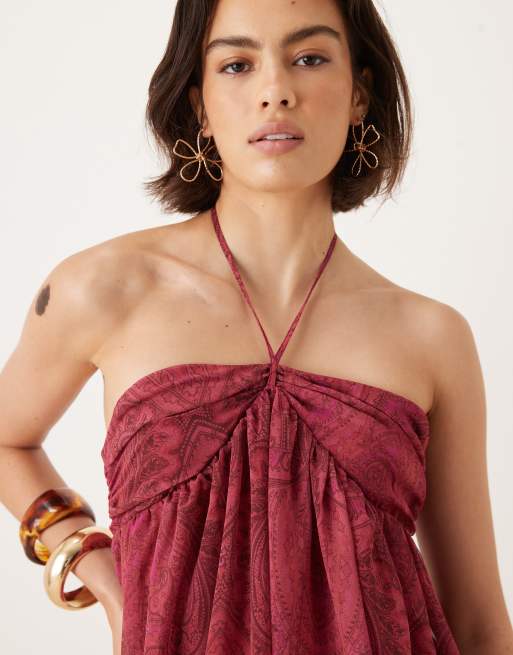ASOS DESIGN – Rosa, paisleymönstrad miniklänning med ryschad byst och halterneck, 3 av 4