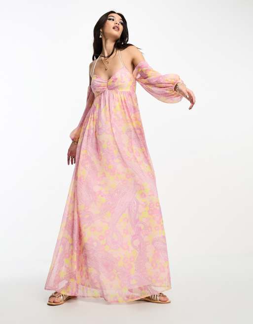 ASOS DESIGN – Rosa, paisleymönstrad och vid maxiklänning i babydoll-modell med bardotringning 