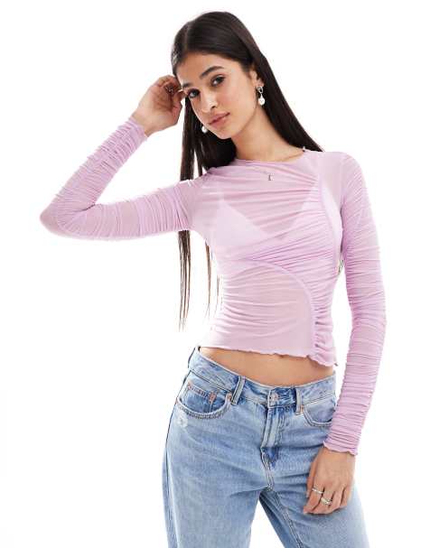 ASOS DESIGN – Rosa panelsydd topp i mesh med lång ärm och rysch - view 1