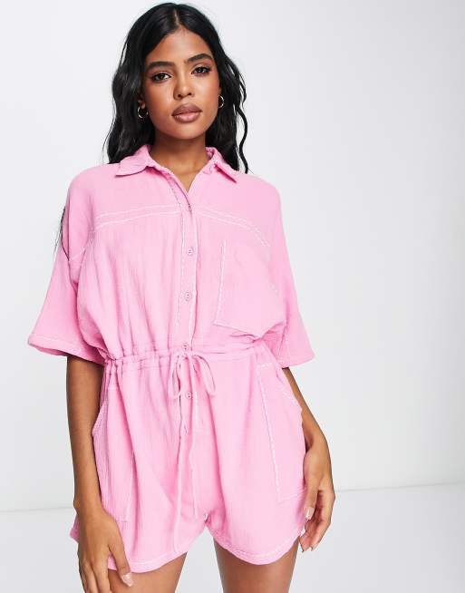 ASOS DESIGN Rosa playsuit i skjortstil med dubbelt tyg och kontrasterande sommar