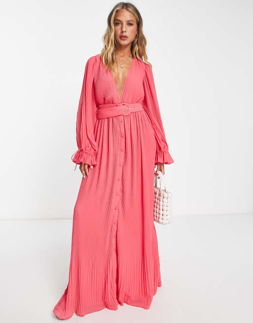 ASOS DESIGN – Rosa, plisserad maxiklänning med blusärm och knytskärp, 2 av 4