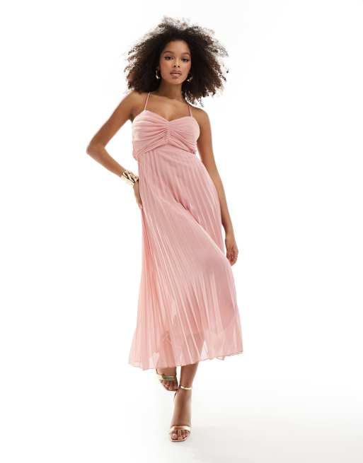 ASOS DESIGN – Rosa, plisserad midiklänning med veckat liv och knytning baktill