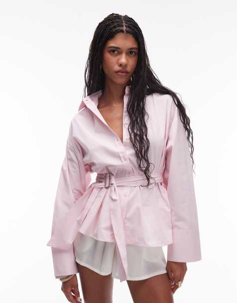 ASOS DESIGN – Rosa poplinskjorta med skärp och indragen midja - view 1