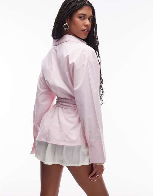 ASOS DESIGN – Rosa poplinskjorta med skärp och indragen midja, 4 av 4