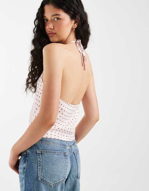 ASOS DESIGN – Rosa, prickig topp i satin med djup halterneck, del av set - view 1