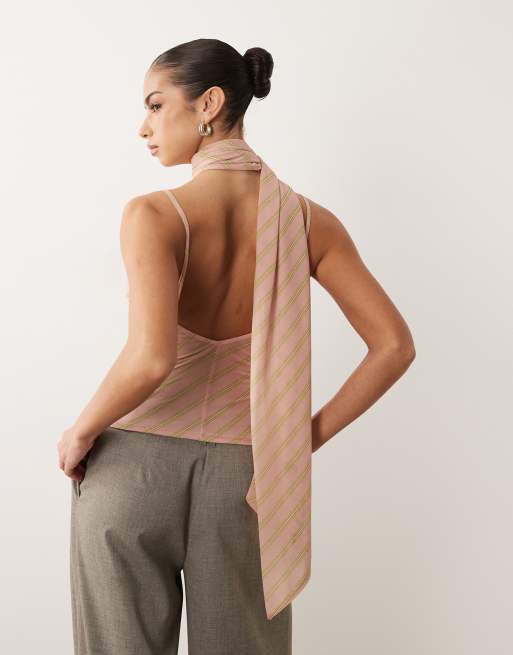 ASOS DESIGN – Rosa, randig omlottopp i stretchig chiffong med scarfdetalj, 4 av 4