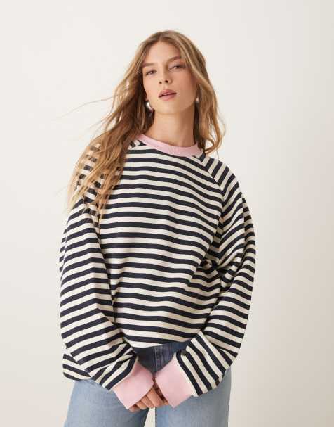 ASOS DESIGN – Rosa, randig, ribbad sweatshirt i oversize med långa ärmar - view 1
