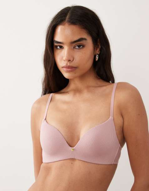 ASOS DESIGN – Rosa, ribbad, formad, vadderad bygelbehå med djup urringning - view 1