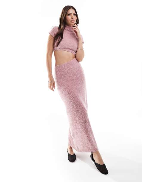ASOS DESIGN – Rosa, ribbad midiklänning i fluffigt garn med utskurna detaljer - view 1