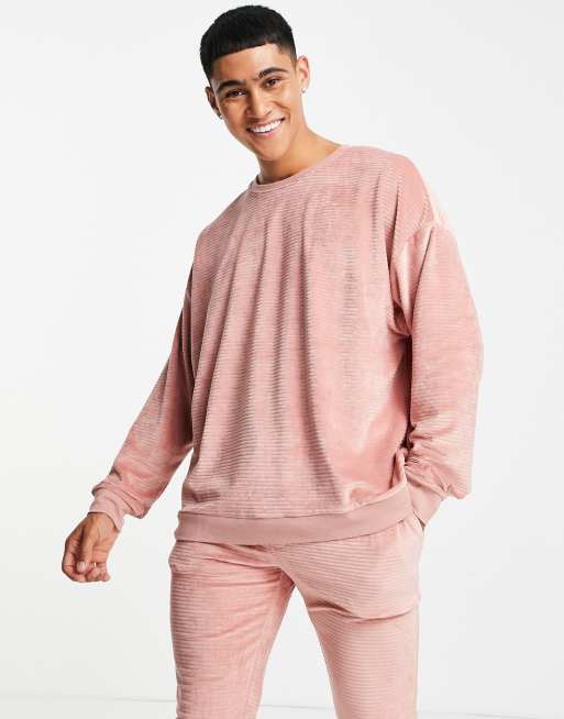 ASOS DESIGN – Rosa, ribbad pyjamas i velour
