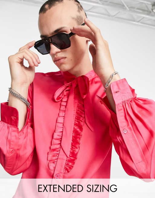 ASOS DESIGN – Rosa satinskjorta med rosett vid halsen och volanger - BPINK
