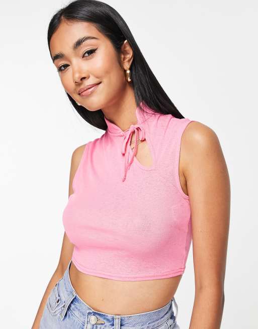 ASOS DESIGN – Rosa, silkig topp med utskurna detaljer av mesh