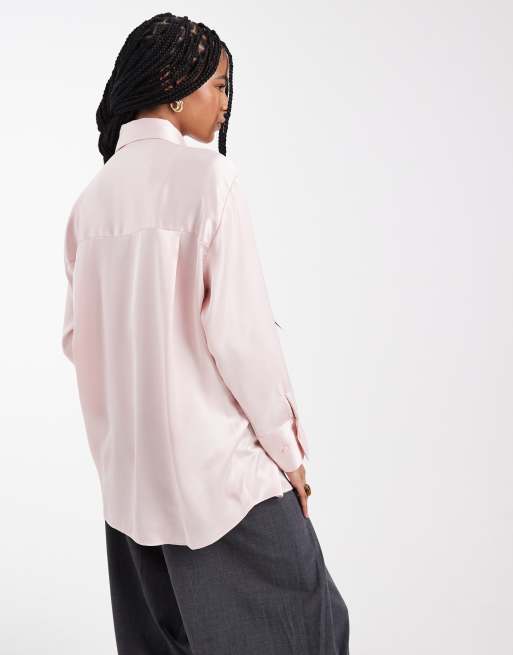 ASOS DESIGN – Rosa skjorta i oversize med rynkning och kontrastfärgad slips i satin, 4 av 4