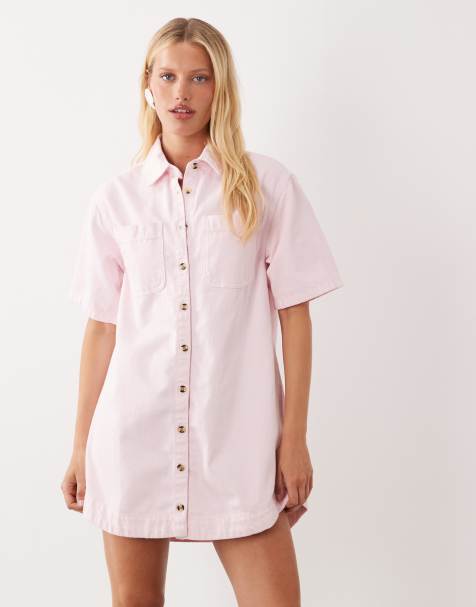 ASOS DESIGN – Rosa skjortklänning i denim med boxig passform och ficka - view 1