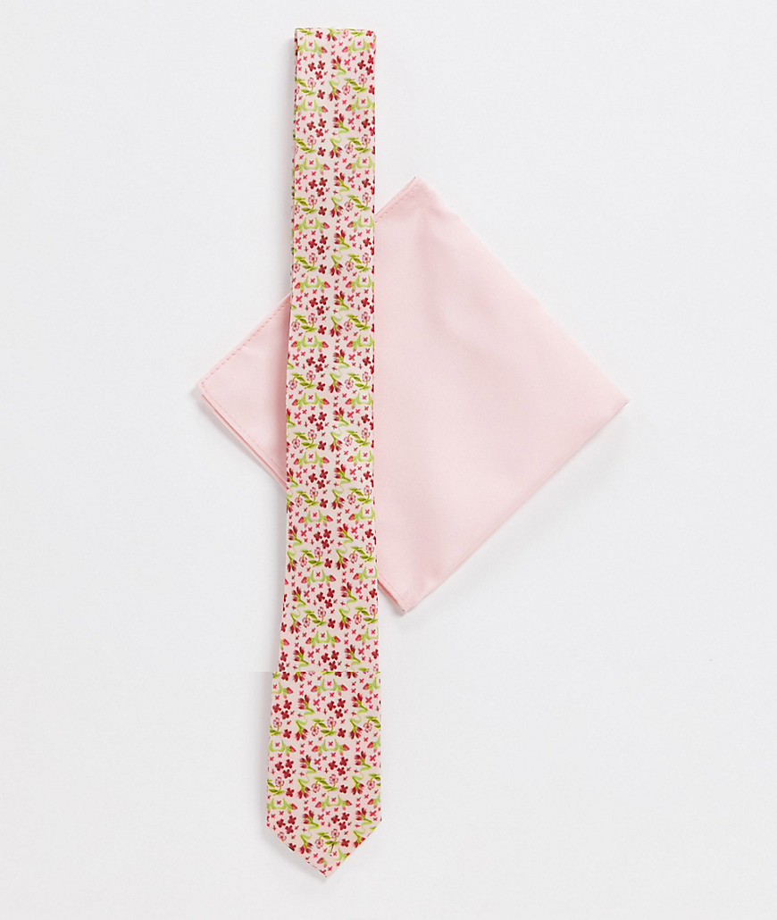 ASOS DESIGN – Rosa småblommig smal slips och bröstnäsduk