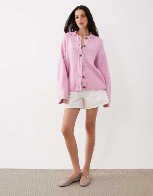 ASOS DESIGN – Rosa, stickad kofta i skjortstil med krage och dekorativ söm, 2 av 4