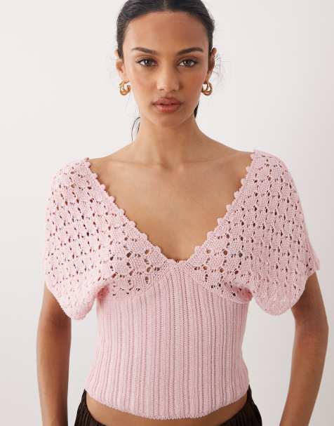 ASOS DESIGN – Rosa, stickad topp med djup ringning och indragning - view 1