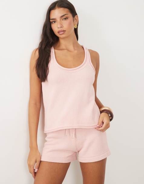 ASOS DESIGN – Rosa, stickat linne i bomullsmix med djup u-formad ringning - view 1