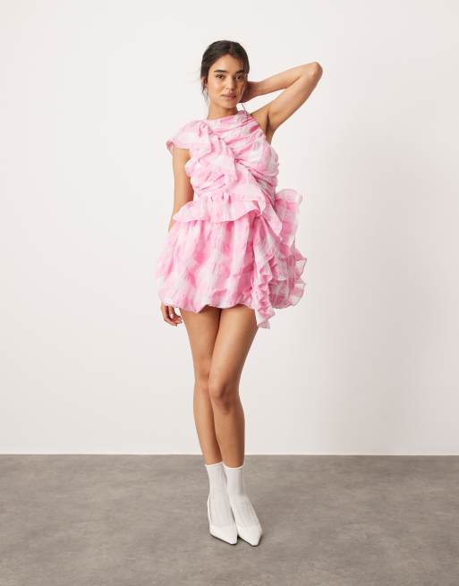 ASOS DESIGN – Rosa, storrutig miniklänning med ballongkjol och volang