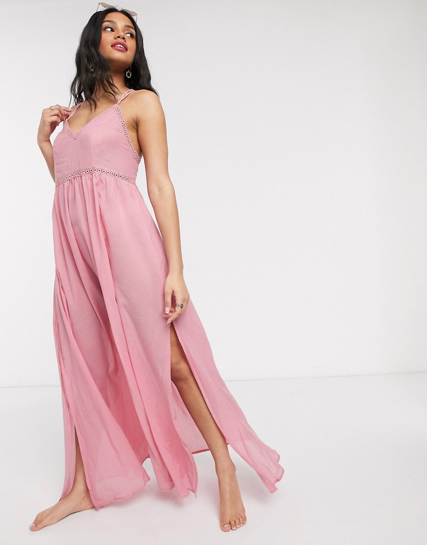 ASOS DESIGN – Rosa strandklänning i maxilängd med infälld spets