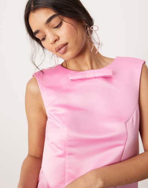 ASOS DESIGN – Rosa, strukturerad shiftklänning i minilängd med rosett av satin, 2 av 4