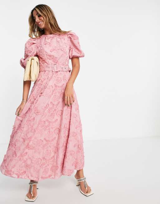 ASOS DESIGN – Rosa, strukturerat jaquardvävd skaterklänning i midilängd med skärp 