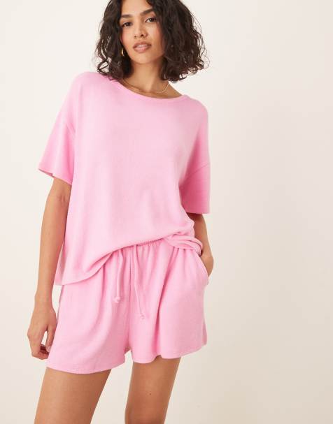 ASOS DESIGN – Rosa, strukturstickat set med t-shirt i oversize och shorts - view 1