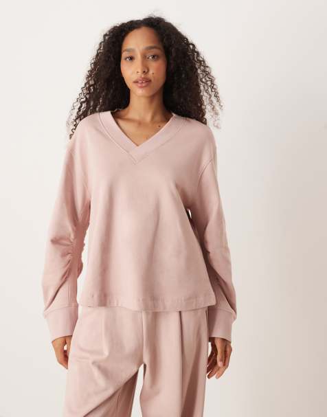 ASOS DESIGN – Rosa sweatshirt med v-ringning och våffelstrukturerad panel, del av set - view 1