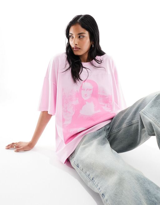 FhyzicsShops DESIGN – Rosa t-shirt i oversize med licensierat Mona Lisa-tryck