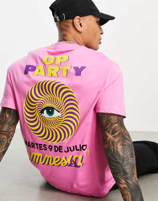 ASOS DESIGN – Rosa t-shirt med Amnesia Ibiza-postertryck