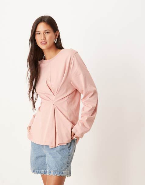 ASOS DESIGN – Rosa t-shirt med långa ärmar och vikt detalj - view 1