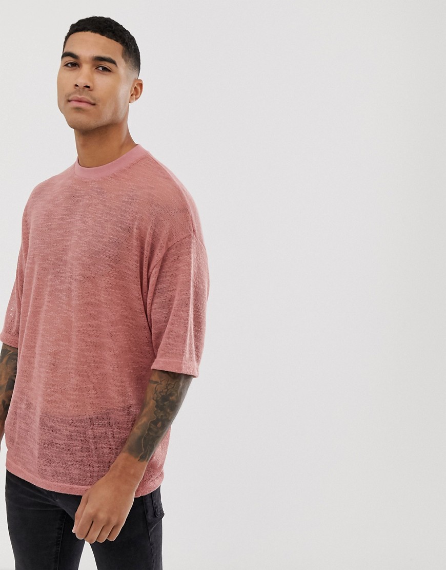 ASOS DESIGN – Rosa texturerad t-shirt med halvlång ärm i oversize-modell