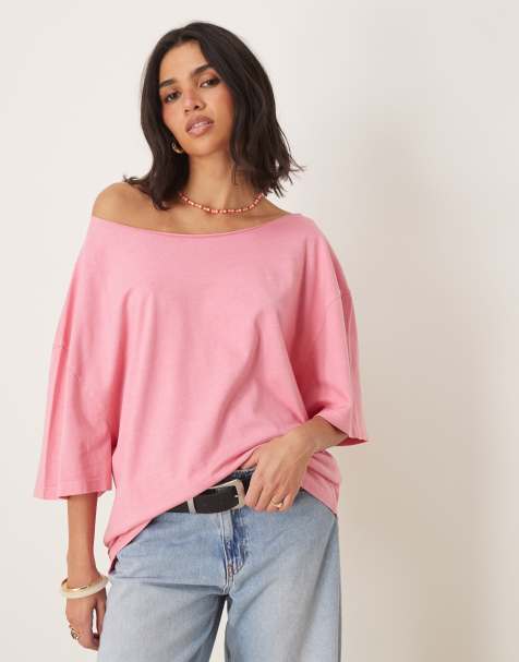 ASOS DESIGN – Rosa, tvättad, slouchy t-shirt i oversize med bar axel - view 1