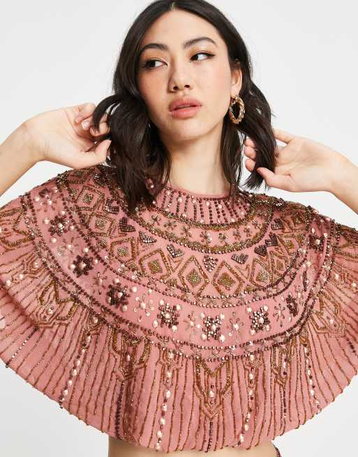 ASOS DESIGN – Rosa utsmyckad topp med cape, del av set