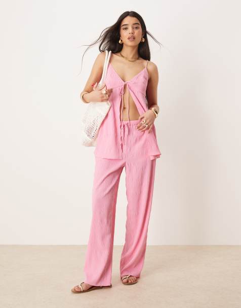 ASOS DESIGN – Rosa, utsvängda byxor med resårmidja, del av set - view 1