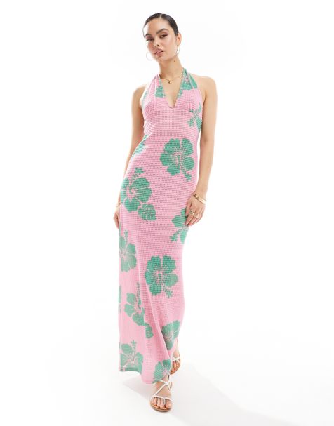 ASOS DESIGN – Rosa virkad midaxiklänning med halterneck och hibiskusmönster - view 1