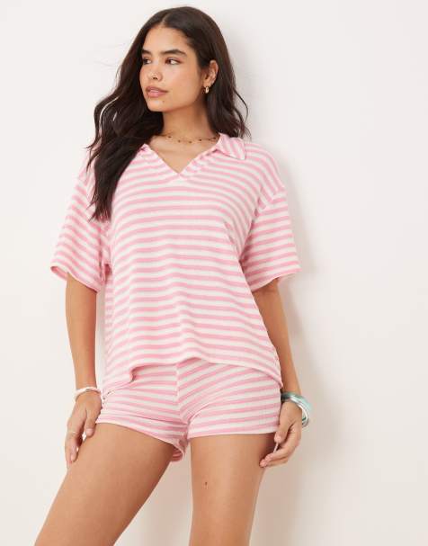 ASOS DESIGN – Rosa, vitrandiga och stickade mikroshorts, del av set - view 1